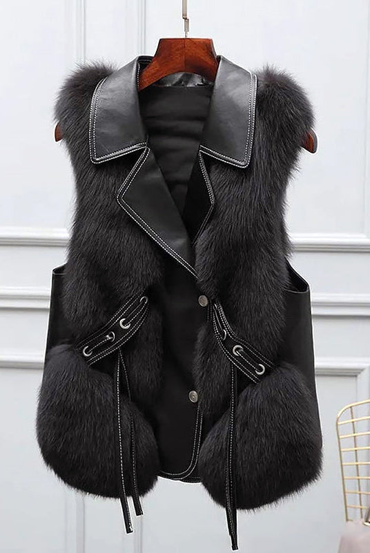 Lumina Wear Isabella fluffy lapel collar waist tie vest with faux fur trim, showcasing soft fabric and stylish design.