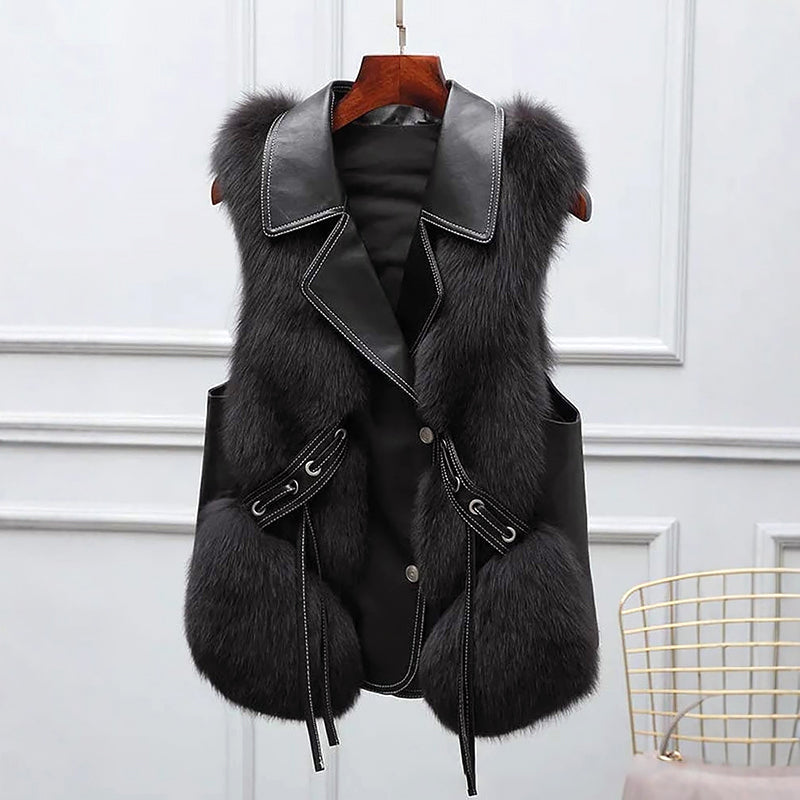 Lumina Wear Isabella fluffy lapel collar waist tie vest with faux fur trim, showcasing soft fabric and stylish design.