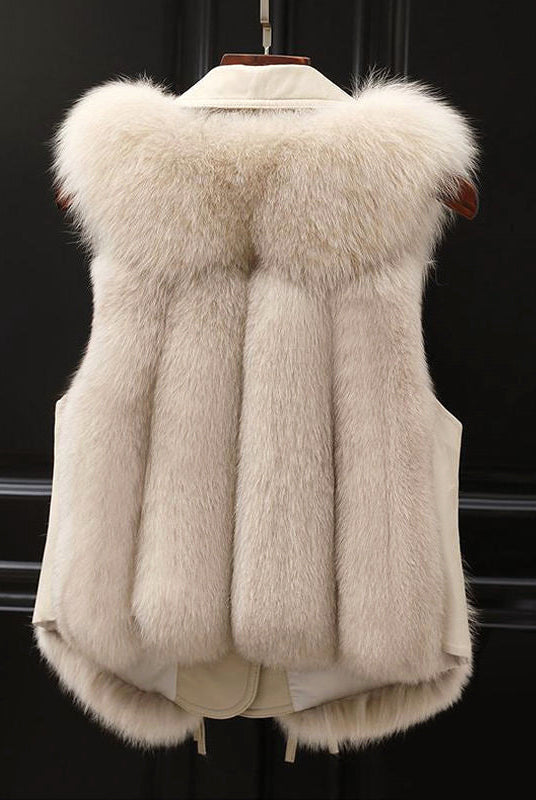 Lumina Wear Isabella fluffy lapel collar waist tie vest with faux fur trim, stylish and cozy for cold weather.