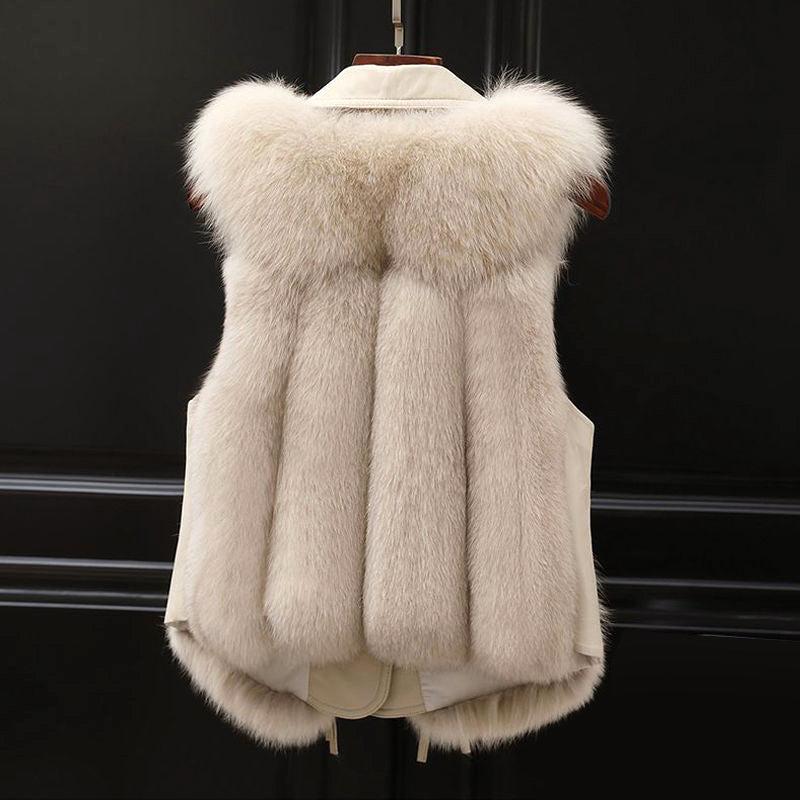 Lumina Wear Isabella fluffy lapel collar waist tie vest with faux fur trim, stylish and cozy for cold weather.