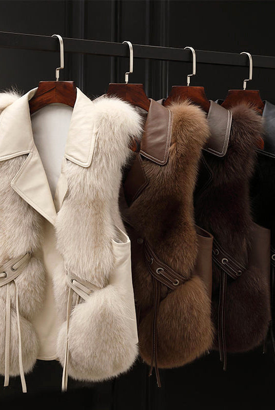 Lumina Wear Isabella fluffy lapel collar waist tie vest with faux fur trim, shown in a stylish, cozy design.