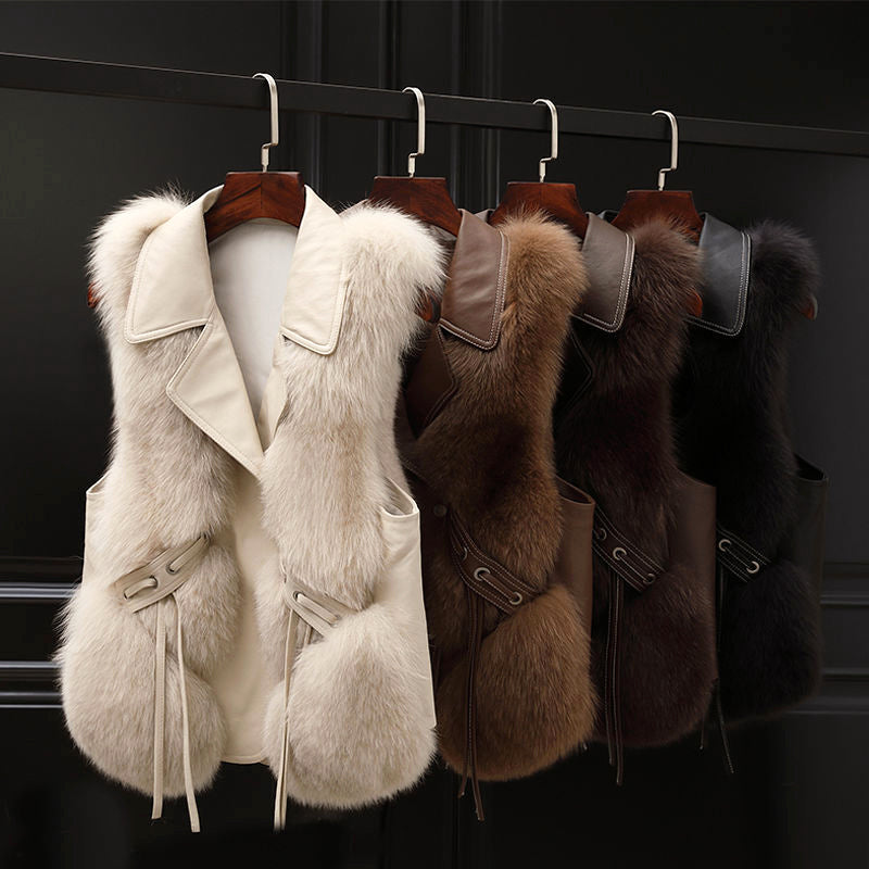 Lumina Wear Isabella fluffy lapel collar waist tie vest with faux fur trim, shown in a stylish, cozy design.