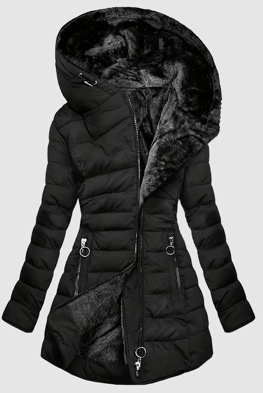 Isabella Lumina hooded plush-lined shaped puffer coat with dual-zip closure, featuring a cozy design for cold weather.