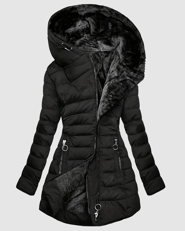 Lumina Wear Isabella hooded plush-lined shaped puffer coat with dual-zip closure, shown in a cozy, quilted design.