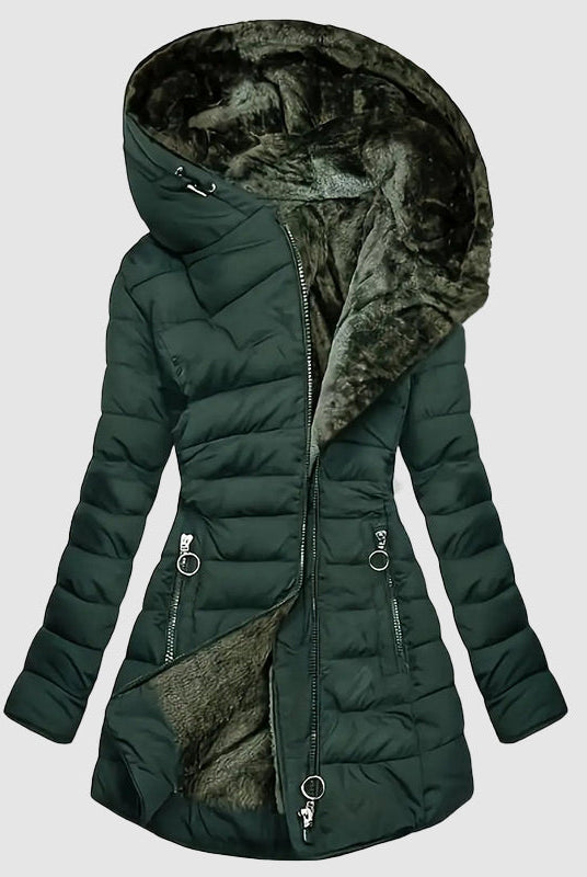 Lumina Wear Isabella hooded plush-lined shaped puffer coat with dual-zip closure, displayed on a hanger.