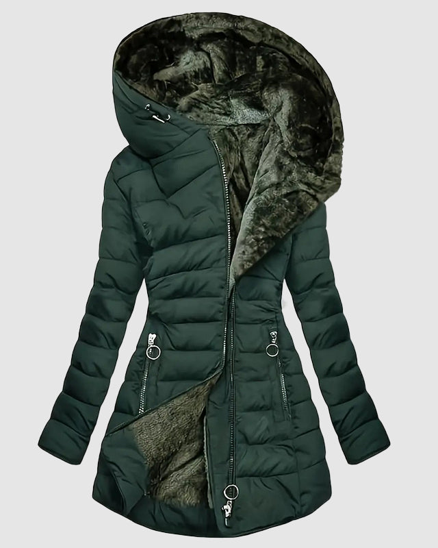 Lumina Wear Isabella hooded plush-lined shaped puffer coat with dual-zip closure, displayed on a hanger.