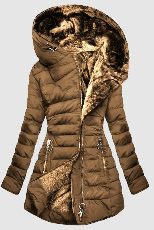 Isabella Lumina Wear hooded plush-lined shaped puffer coat with dual-zip closure, shown in a cozy, stylish winter jacket.