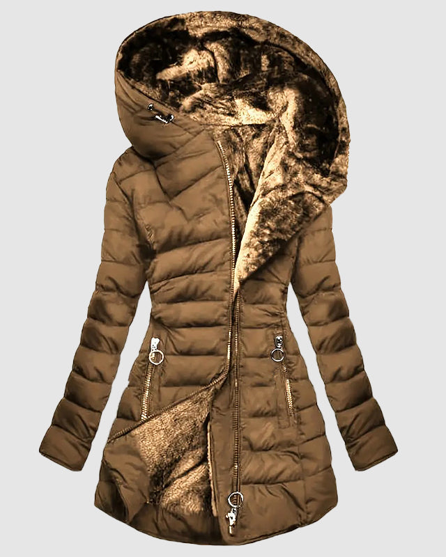 Lumina Wear Isabella hooded puffer coat with plush lining, shaped design, dual-zip closure, perfect for cold weather.