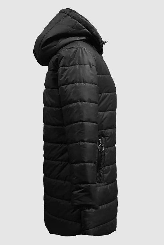 Lumina Wear Isabella hooded plush-lined shaped puffer coat with dual-zip closure, shown in a stylish winter jacket image.