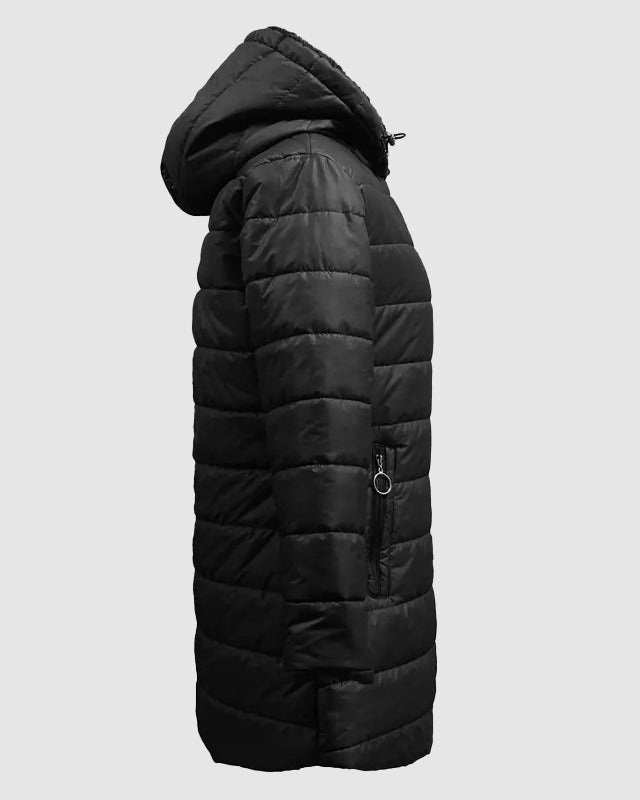 Lumina Wear Isabella hooded plush-lined shaped puffer coat with dual-zip closure, shown on a mannequin in a cozy winter setting.