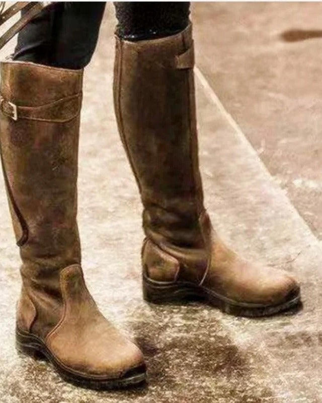 Lumina Wear Isabella knee-high buckle strap boots with ridged sole, stylish and durable footwear with multiple buckle details.