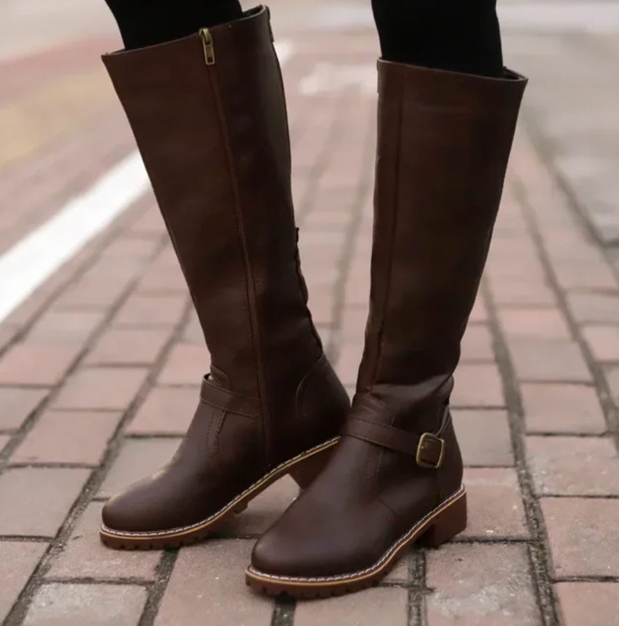 Lumina Wear Isabella knee-high women's boots with buckle straps and side zipper, stylish and versatile footwear.