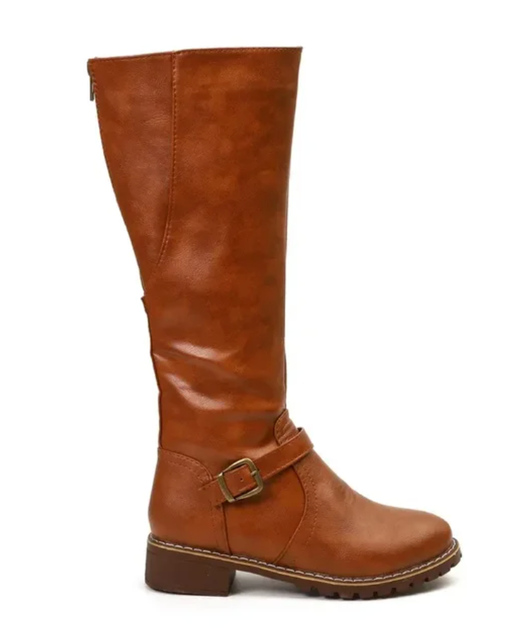 Lumina Wear Isabella knee-high boots with buckle straps and side zipper, stylish black leather footwear for women.