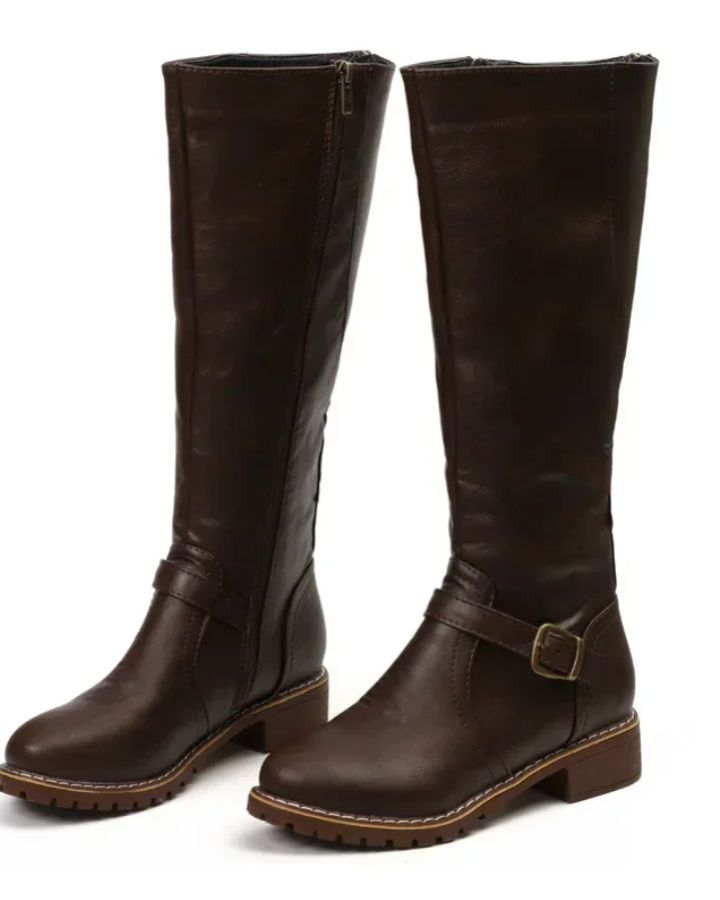 Isabella Lumina knee-high buckle strap boots with side zipper, black leather, stylish footwear for women.