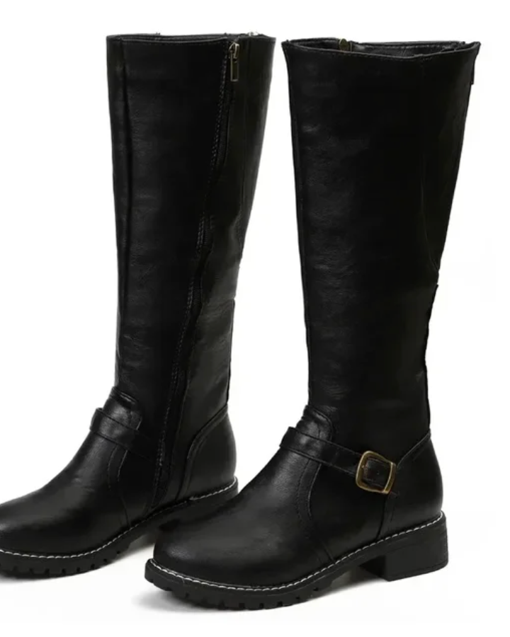 Isabella Lumina knee-high buckle strap boots with side zipper, featuring stylish leather design and secure buckle details.