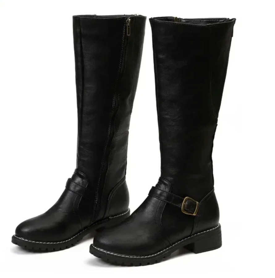 Lumina Wear Isabella women's knee-high buckle strap boots with side zipper and chunky heel, stylish and versatile for everyday wear.