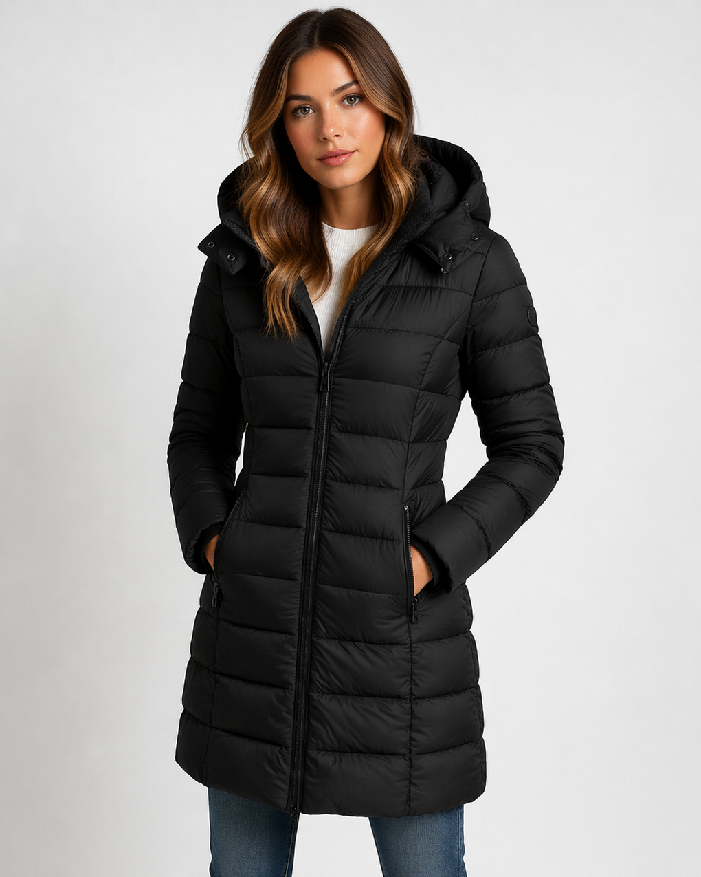Lumina Wear Isabella lightweight quilted hooded puffer jacket with a fitted silhouette, shown in a stylish, insulated design.