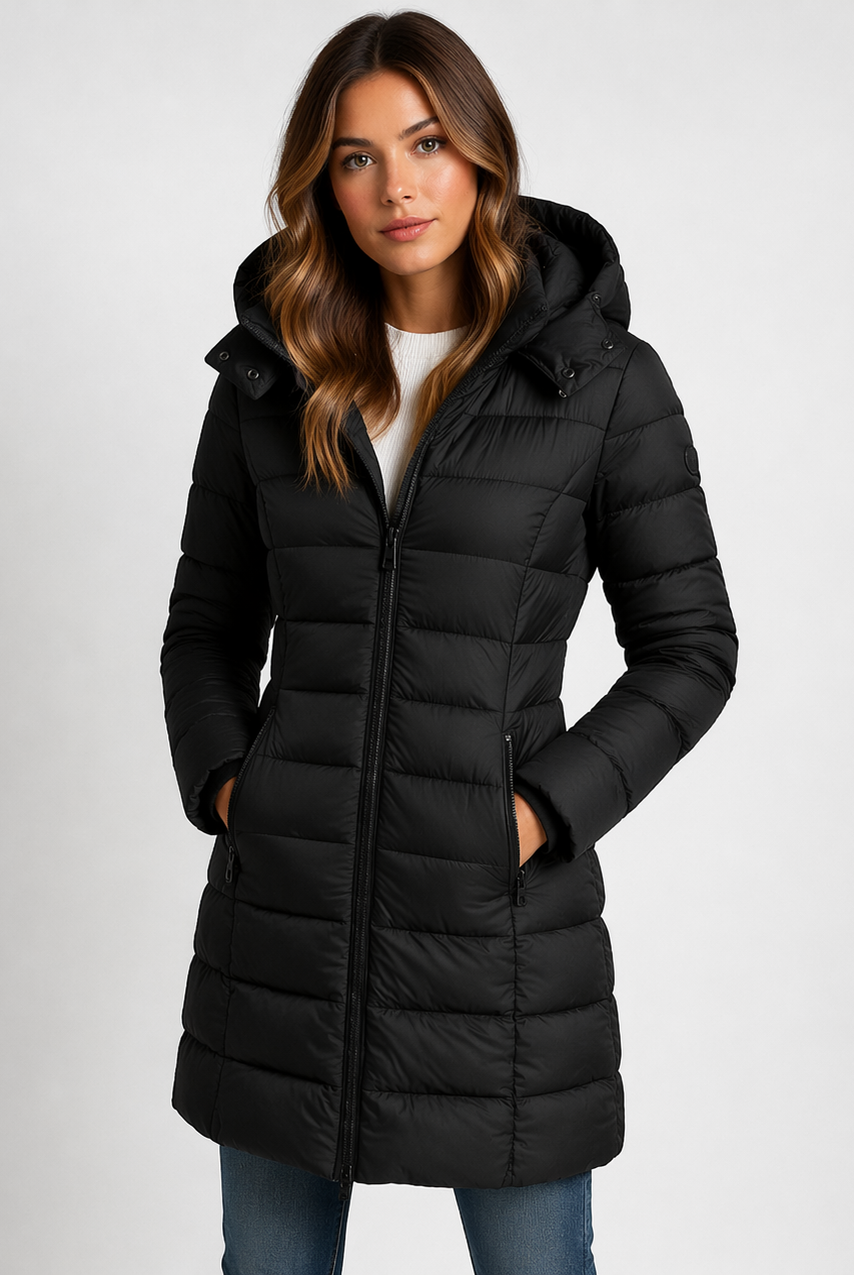 Lightweight quilted hooded puffer jacket with fitted silhouette by Lumina Wear, shown in stylish design and cozy fabric.