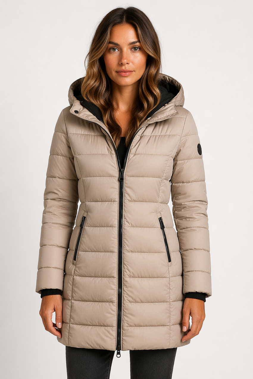 Lightweight quilted hooded puffer jacket with fitted silhouette from Lumina Wear, featuring a stylish design and cozy insulation.