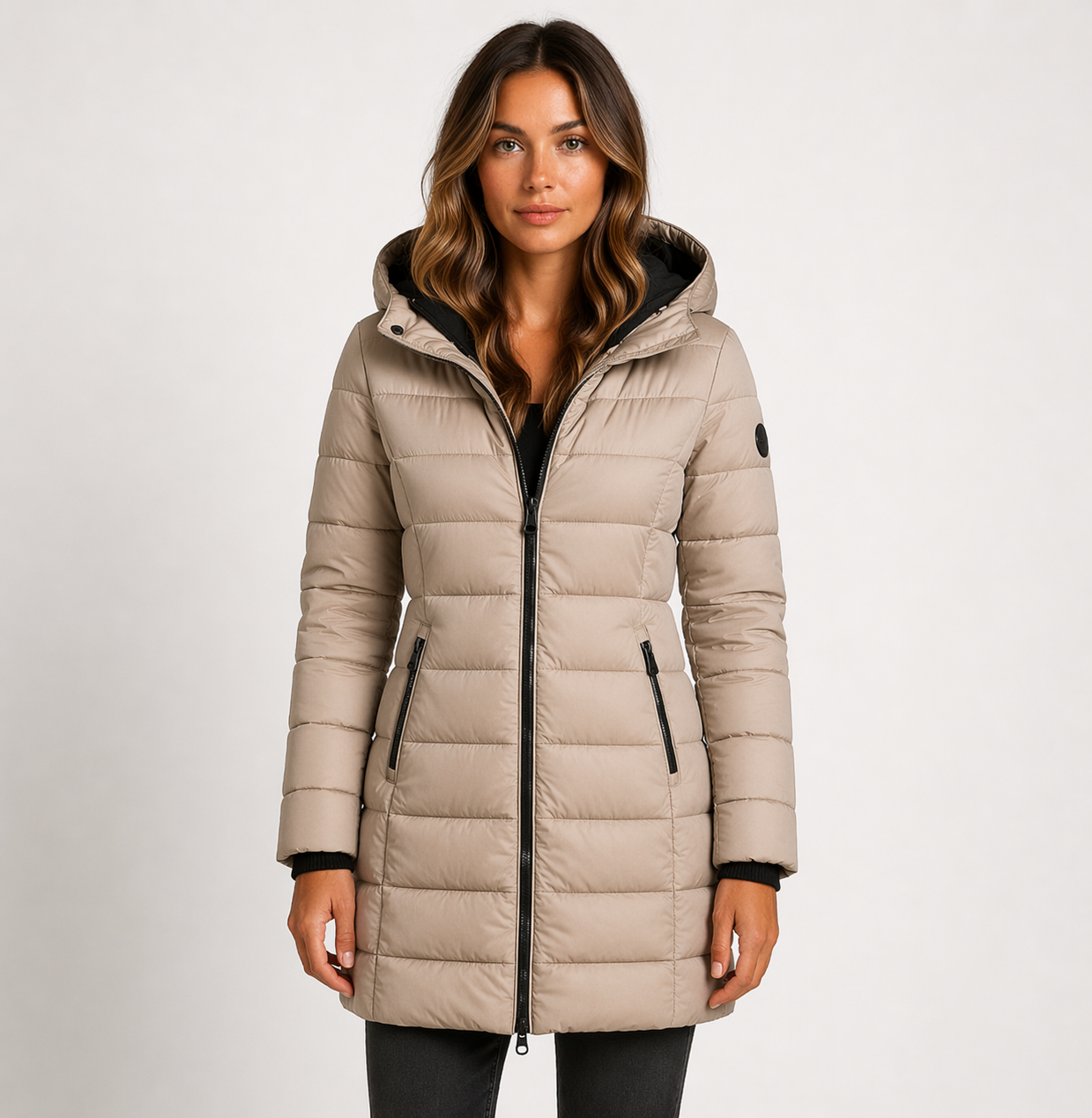 Lightweight quilted hooded puffer jacket with fitted silhouette from Lumina Wear, featuring a stylish design and cozy insulation.