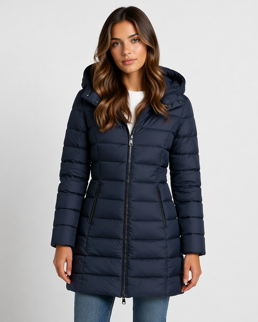 Lightweight quilted hooded puffer jacket with fitted silhouette by Lumina Wear, shown in a stylish, padded design perfect for cold weather.