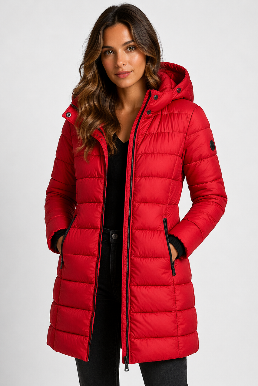 Lightweight quilted hooded puffer jacket by Lumina Wear with fitted silhouette, featuring horizontal quilting and a cozy hood.