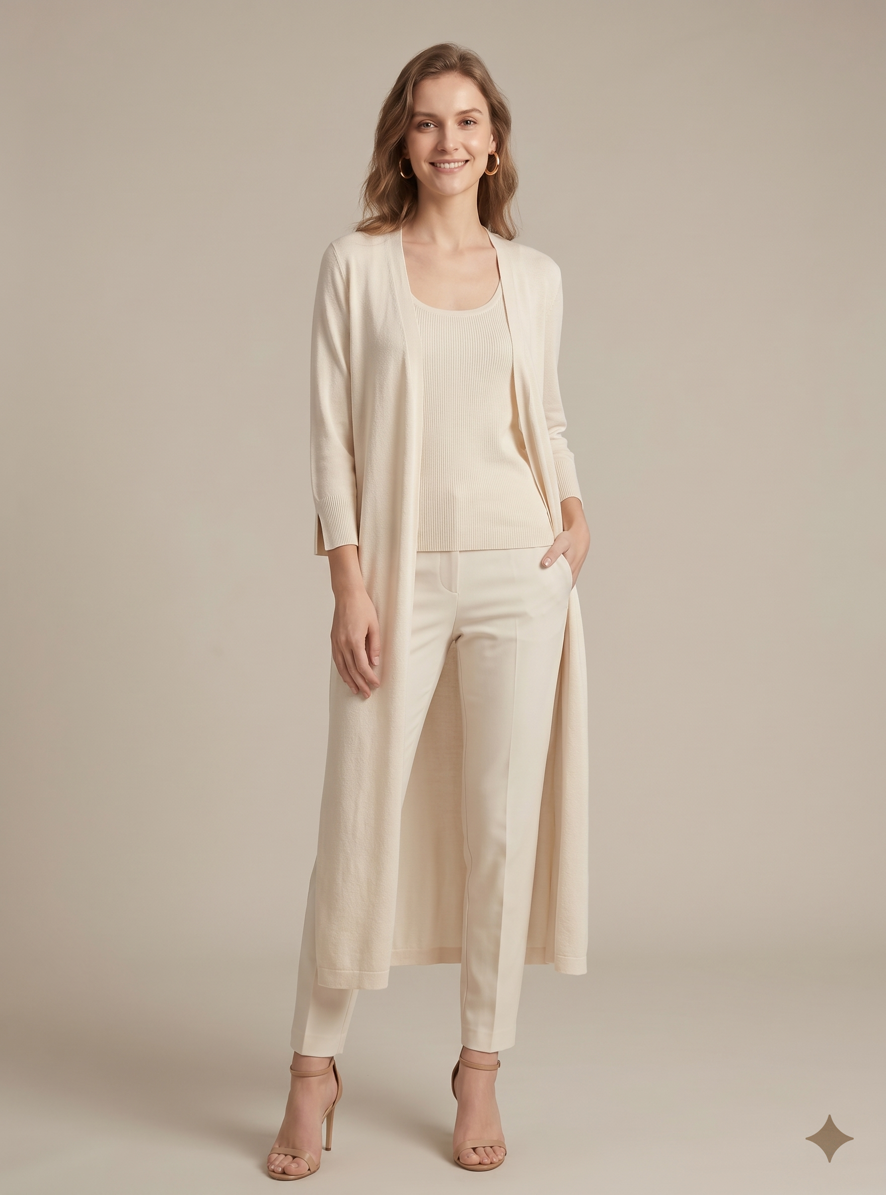 Lightweight, relaxed longline cardigan with fluid draping from Lumina Wear, styled in a soft, flowing fabric.