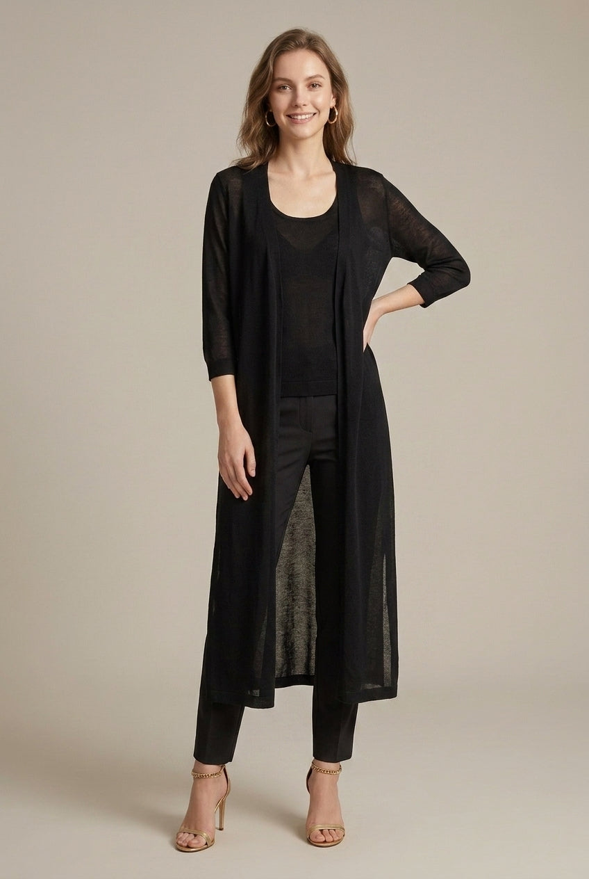 Lightweight, relaxed longline cardigan with fluid draping from Lumina Wear's Isabella collection, shown in a soft, flowing fabric.