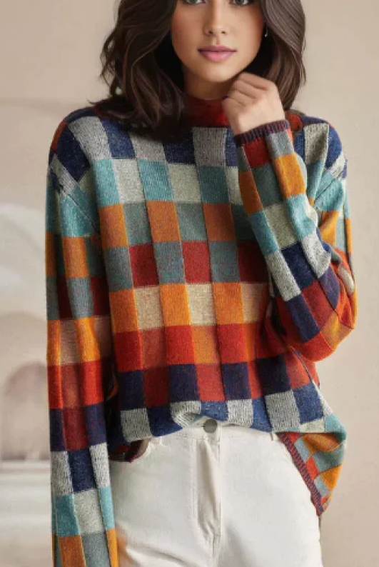 Multi-color checked relaxed fit sweater with mock neck from Lumina Wear, featuring a cozy, stylish design.