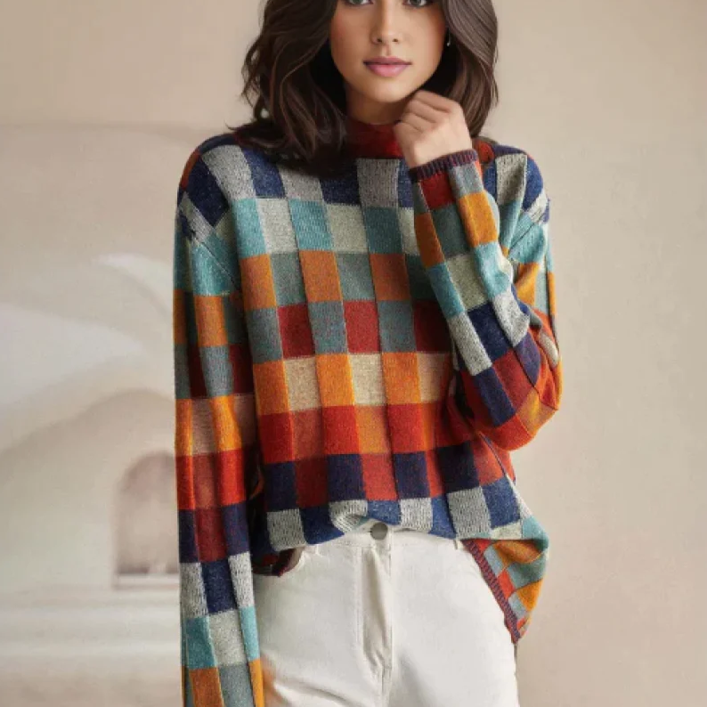 Multi-color checked relaxed fit sweater with mock neck from Lumina Wear, designed for women's casual and cozy style.
