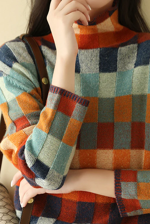 Lumina Wear Isabella multi-color checked relaxed fit sweater with mock neck, soft knit fabric and cozy design.