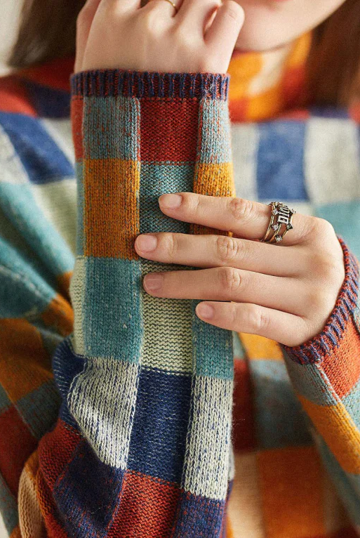 Lumina Wear Isabella multi-color checked relaxed fit sweater with mock neck, showcasing cozy, stylish knit fabric and vibrant pattern.