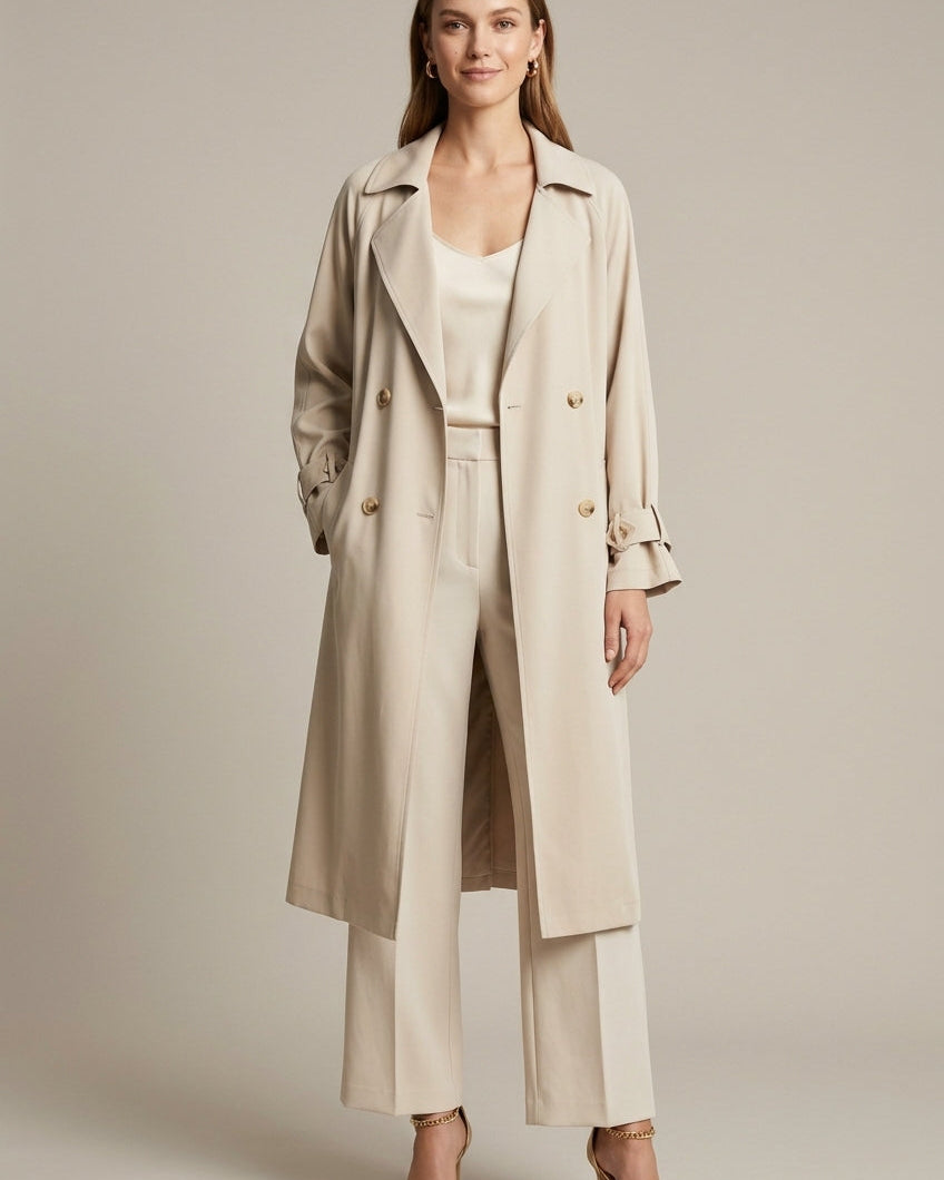 Black oversized trench coat with structured lapels from Lumina Wear, featuring a tailored fit and classic design.