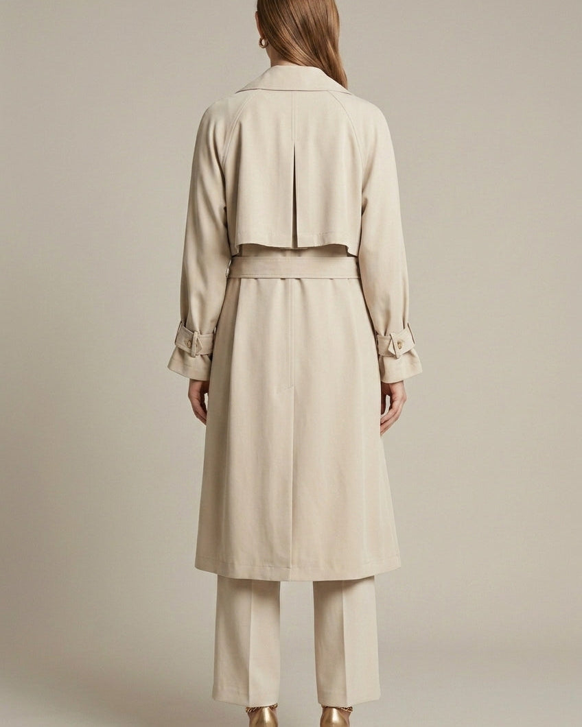 Isabella Lumina Wear oversized black trench coat with structured lapels, long sleeves, and classic double-breasted design.