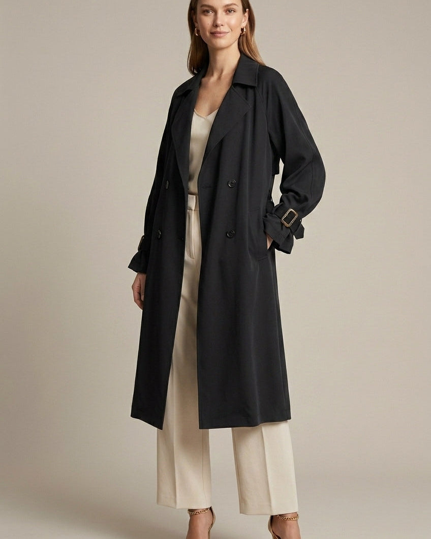 Black oversized trench coat with structured lapels from Lumina Wear's Isabella collection, displayed on a mannequin.