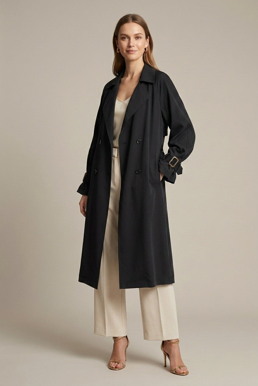 Isabella oversized black trench coat with structured lapels from Lumina Wear, shown on a model with a stylish, modern silhouette.