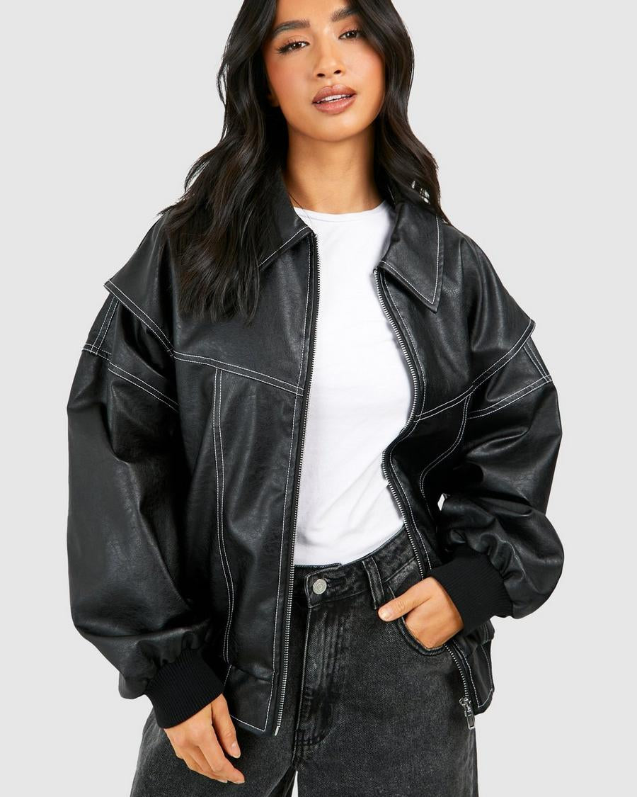 Isabella oversized black vegan leather bomber jacket with ribbed cuffs, stylish Lumina Wear outerwear for women.
