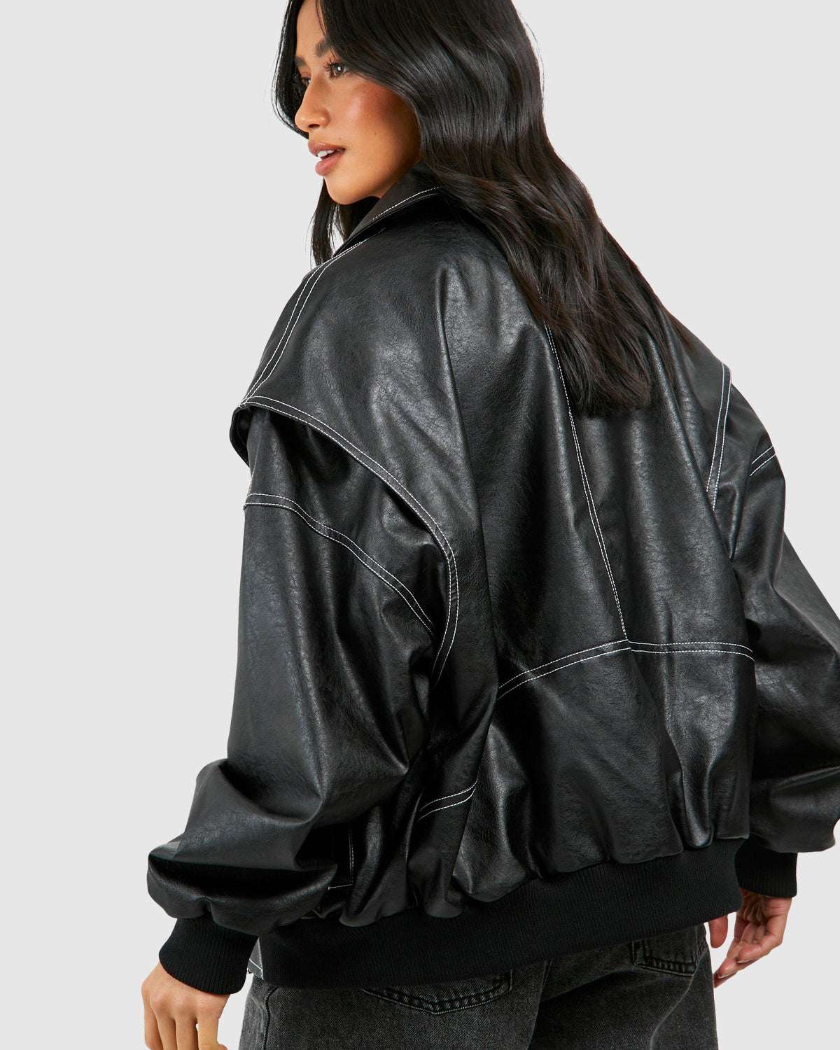 Isabella black vegan leather oversized bomber jacket by Lumina Wear with ribbed cuffs, stylish and modern outerwear.