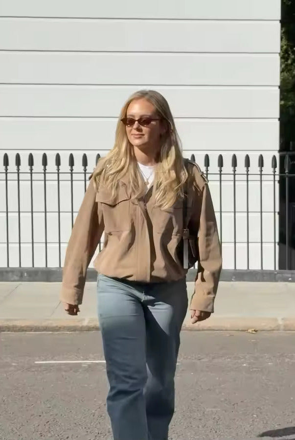 Isabella wearing the Lumina Wear Anouk oversized utility jacket with stand collar, boxy fit, and functional pockets.