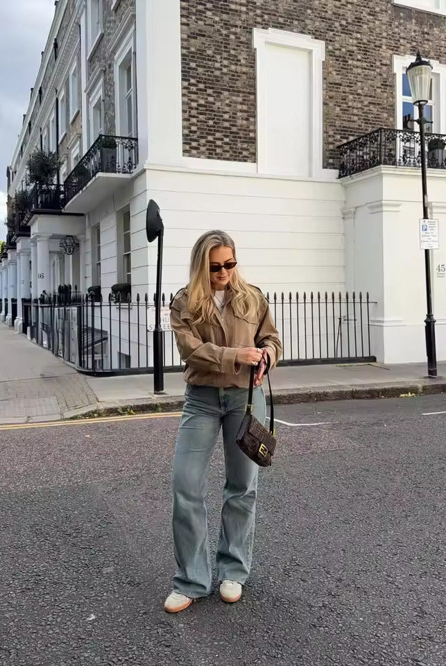 Isabella wearing the Lumina Wear Anouk oversized boxy fit utility jacket with stand collar, in a stylish and casual design.