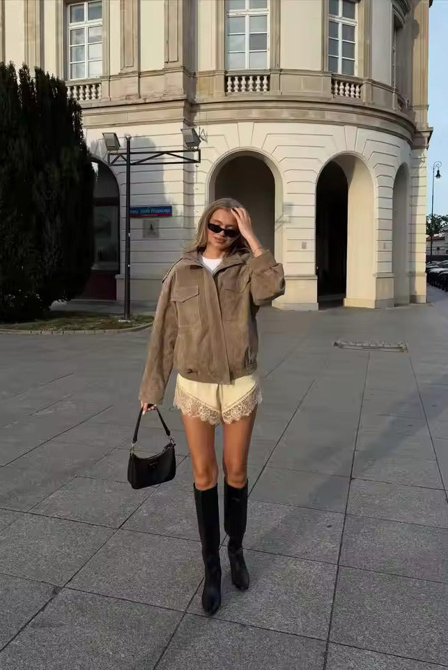 Isabella wearing Lumina Wear Anouk oversized boxy utility jacket with stand collar, featuring a relaxed fit and utility-style design.