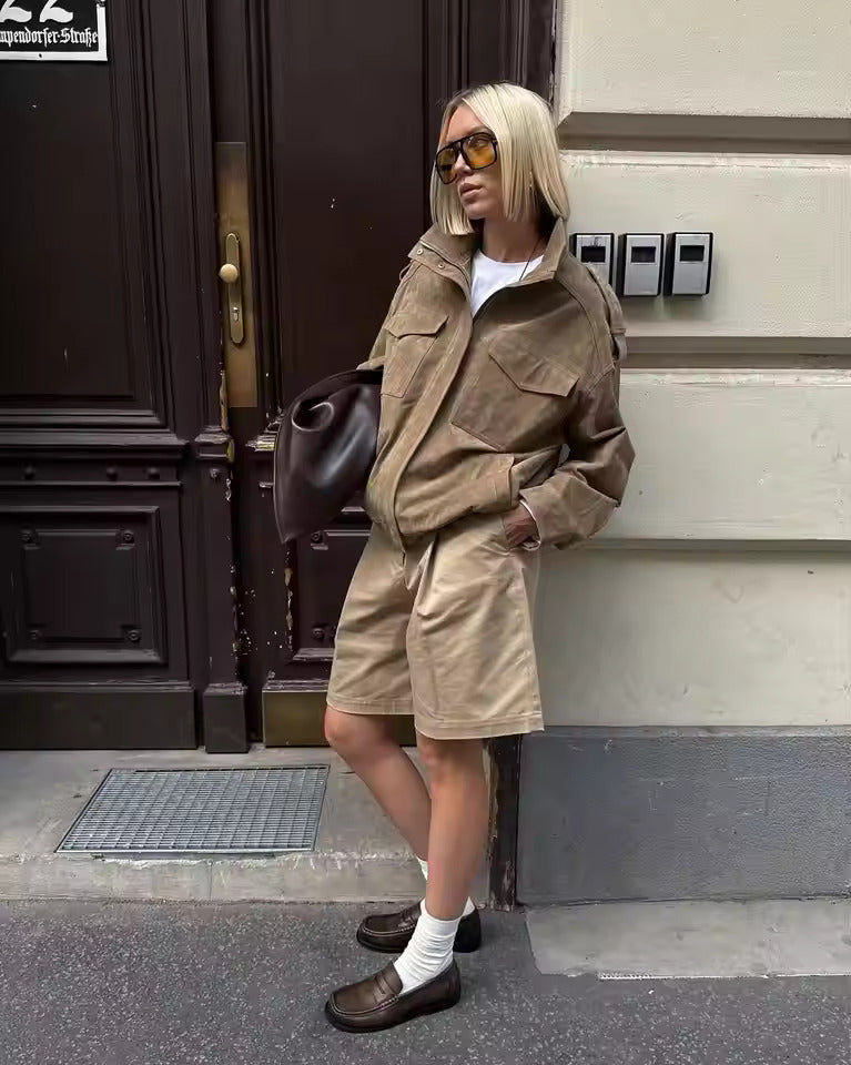 Isabella oversized boxy utility jacket with flap pockets by Lumina Wear, shown in a neutral color, featuring a relaxed fit and functional design.