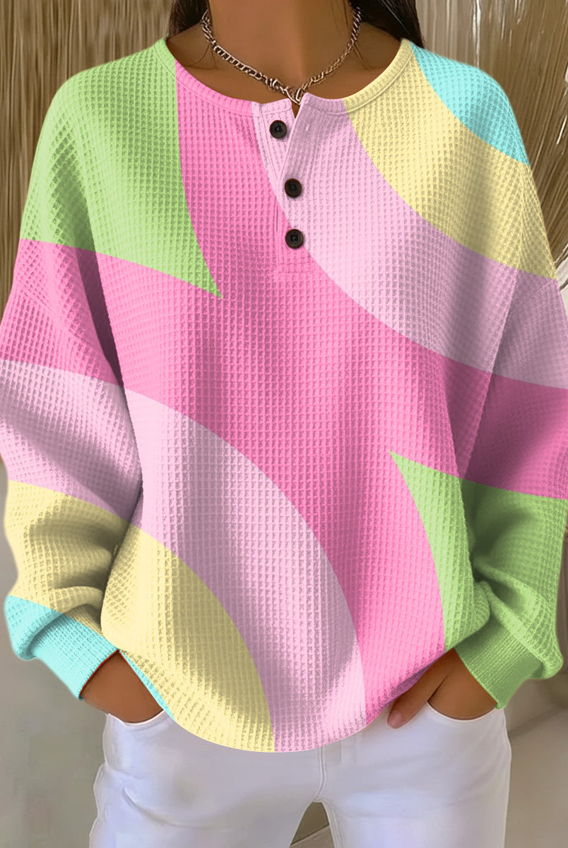 Lumina Wear Isabella oversized color-block waffle-knit women's sweater with henley placket, cozy and stylish for casual wear.