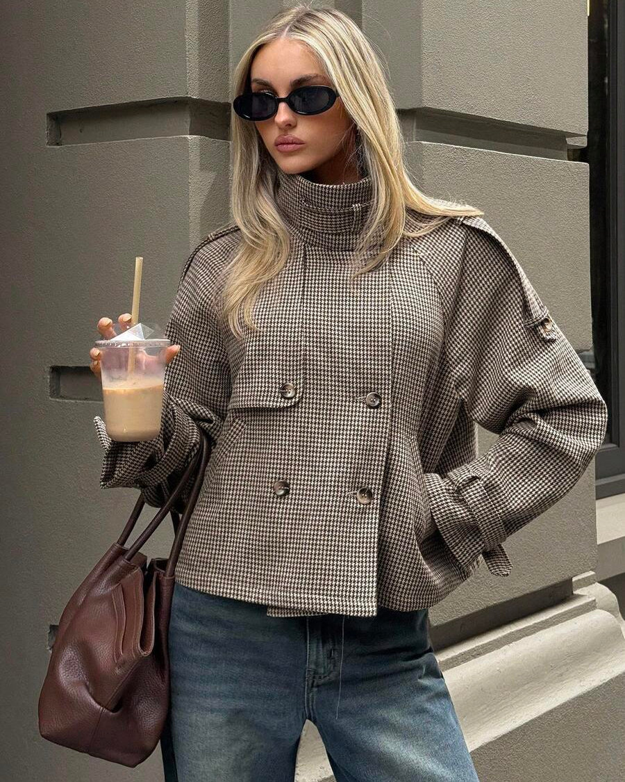 Isabella Lumina oversized houndstooth blazer with relaxed fit and funnel neck, stylish women's blazer for a modern, chic look.
