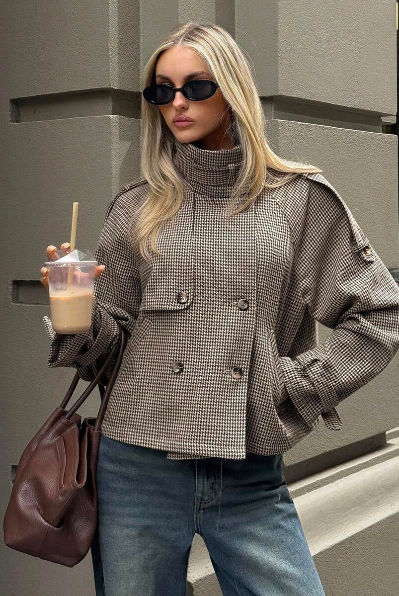 Isabella Lumina oversized houndstooth blazer with relaxed fit and funnel neck, stylish women's blazer for a modern, chic look.