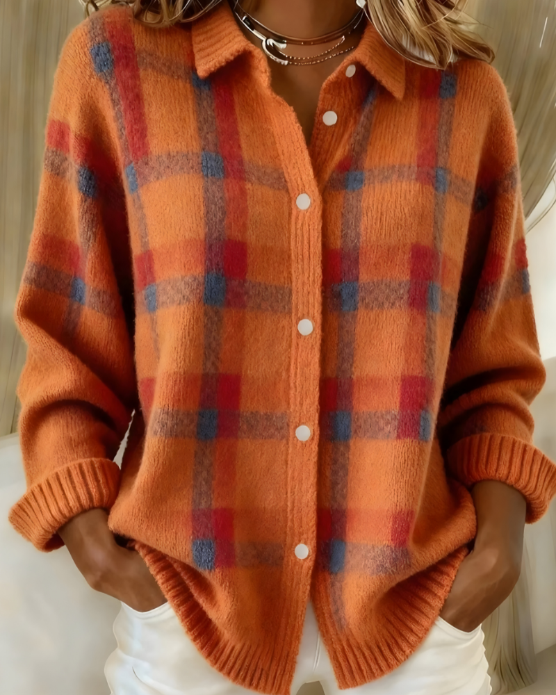 Lumina Wear Isabella oversized plaid knit cardigan sweater with relaxed fit, featuring cozy knit fabric and classic plaid pattern.