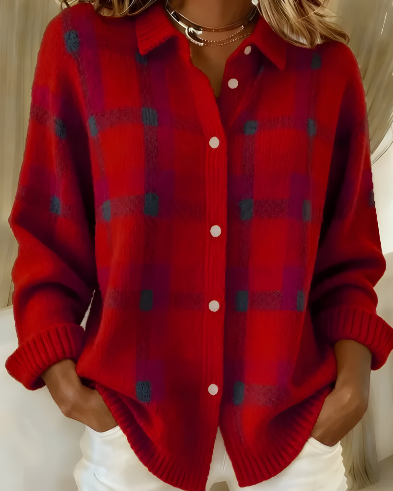 Lumina Wear Isabella oversized plaid knit cardigan sweater with relaxed fit, featuring cozy, chunky fabric and classic plaid pattern.