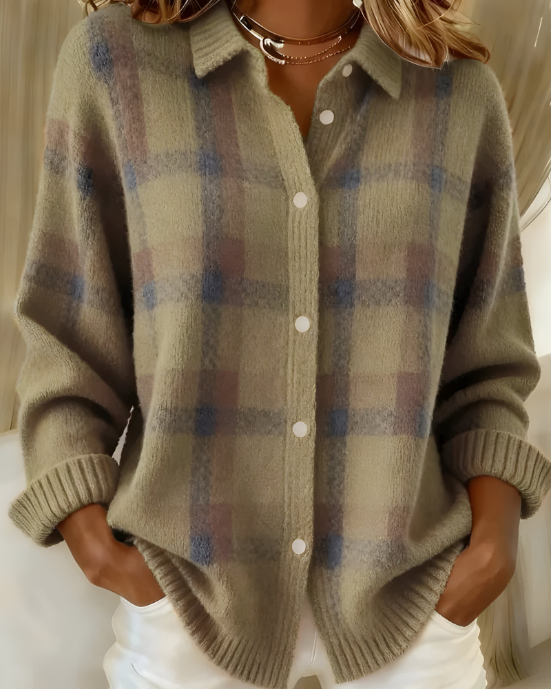 Lumina Wear Isabella oversized plaid knit cardigan sweater with relaxed fit, featuring a cozy, stylish plaid pattern.