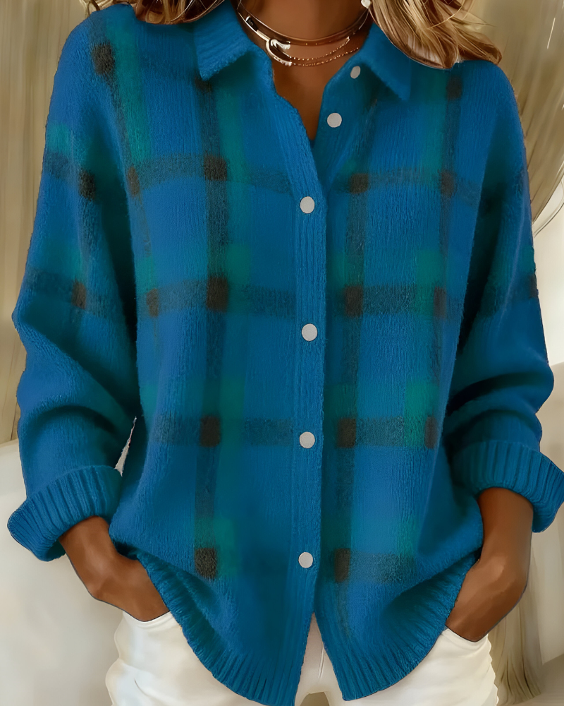 Lumina Wear Isabella oversized plaid knit cardigan sweater with relaxed fit, featuring a cozy, stylish design and button closure.