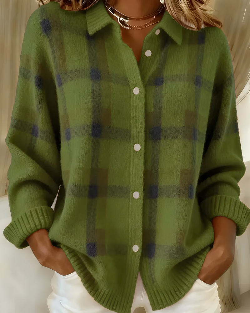 Lumina Wear Isabella oversized plaid knit cardigan sweater with relaxed fit, featuring a cozy, stylish design and button closure.